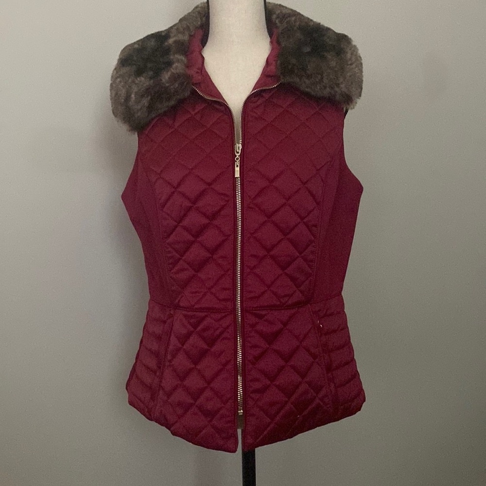 WHBM Faux Fur Collar Quilted Vest (L)